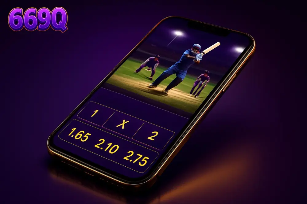 669Q Cricket Betting โ a smartphone showing a live cricket score and odds screen 669Q Cricket Betting โ a smartphone showing a live cricket score and odds screen